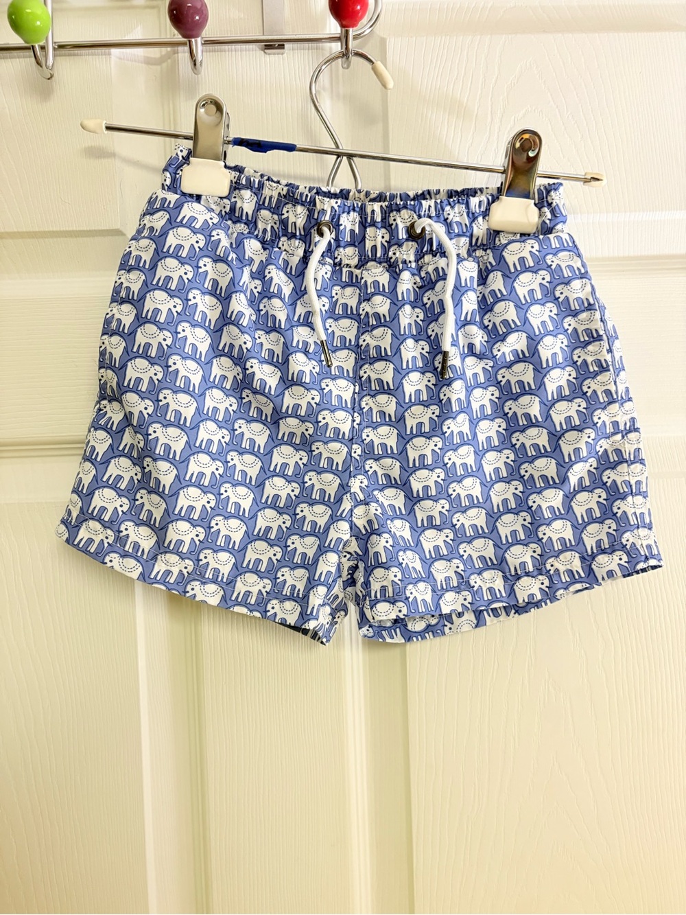 Roller Rabbit Blue and White Elephant Print swim trunks
